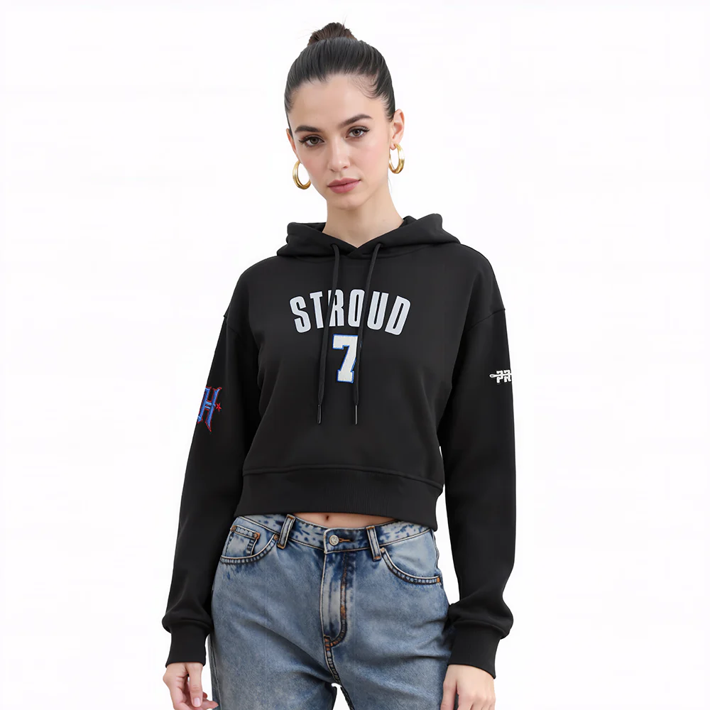NFL HOUSTON TEXANS CJ STROUD #7 CLASSIC PNN WOMEN'S FLC CROPPED PO HOODIE (BLACK)