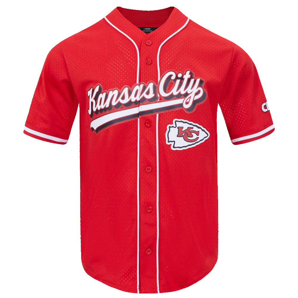 NFL KANSAS CITY CHIEFS SCRIPT TAIL MEN'S MESH BUTTON DOWN SHIRT (RED) - Image 5