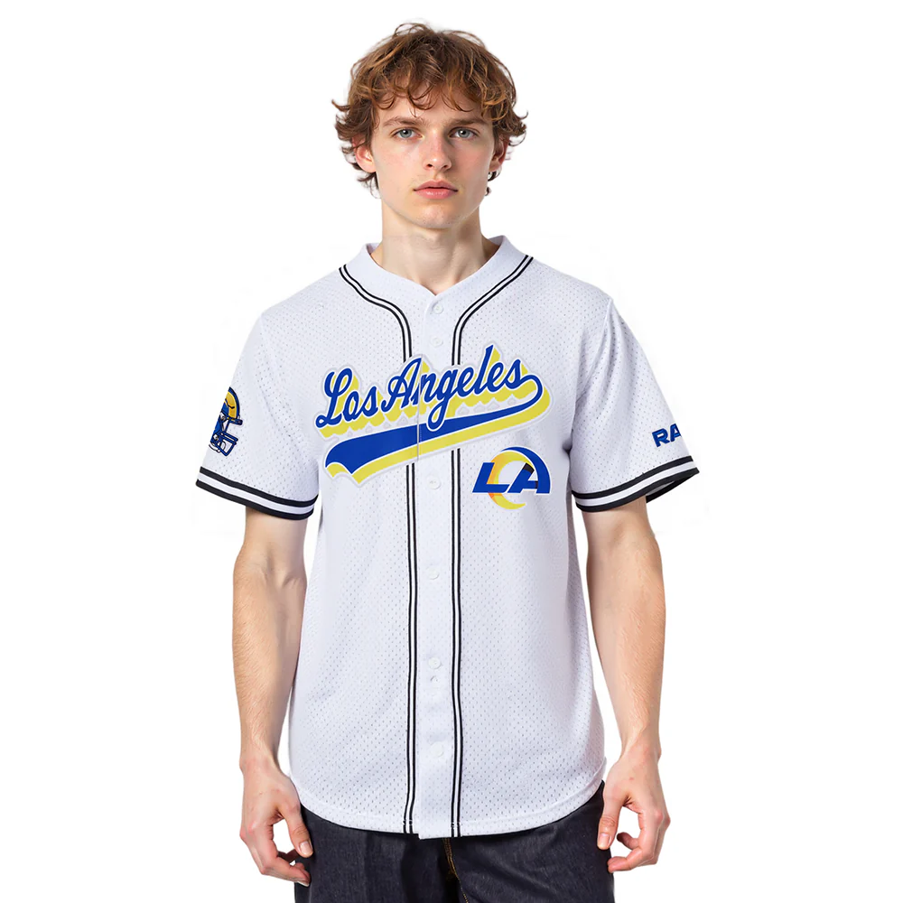 NFL LOS ANGELES RAMS SCRIPT TAIL MEN'S MESH BUTTON DOWN SHIRT (WHITE/BLACK/WHITE)