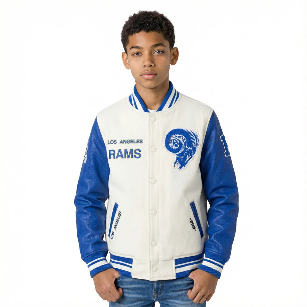 NFL LOS ANGELES RAMS RETRO CLASSICS LITTLE BOY'S RIB WOOL VARSITY JACKET (EGGSHELL/ROYAL BLUE)