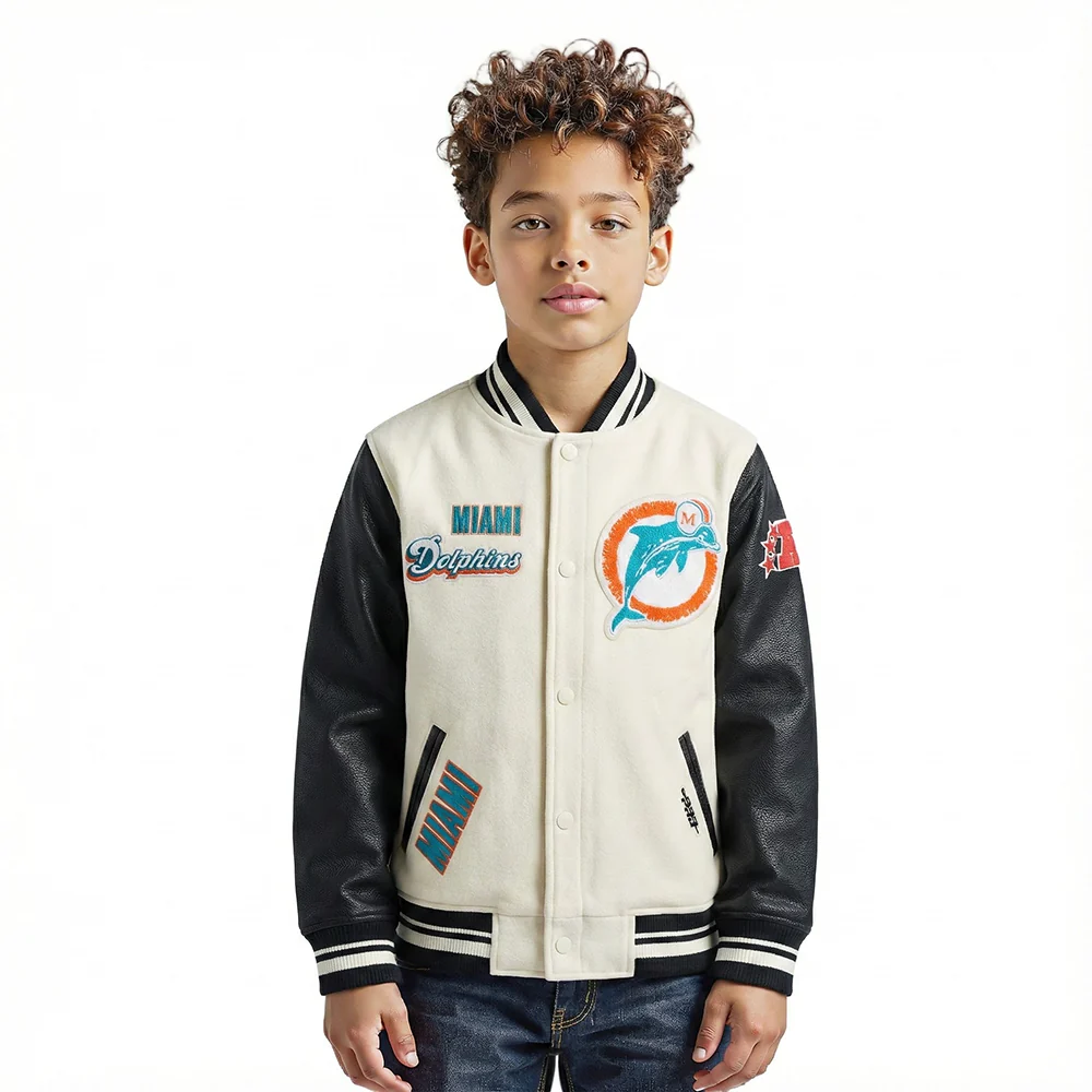 NFL MIAMI DOLPHINS RETRO CLASSICS BIG BOY'S RIB WOOL VARSITY JACKET (EGGSHELL/ BLACK)