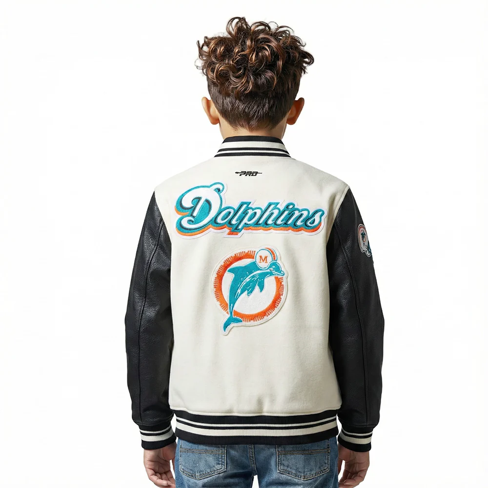 NFL MIAMI DOLPHINS RETRO CLASSICS BIG BOY'S RIB WOOL VARSITY JACKET (EGGSHELL/ BLACK) - Image 2