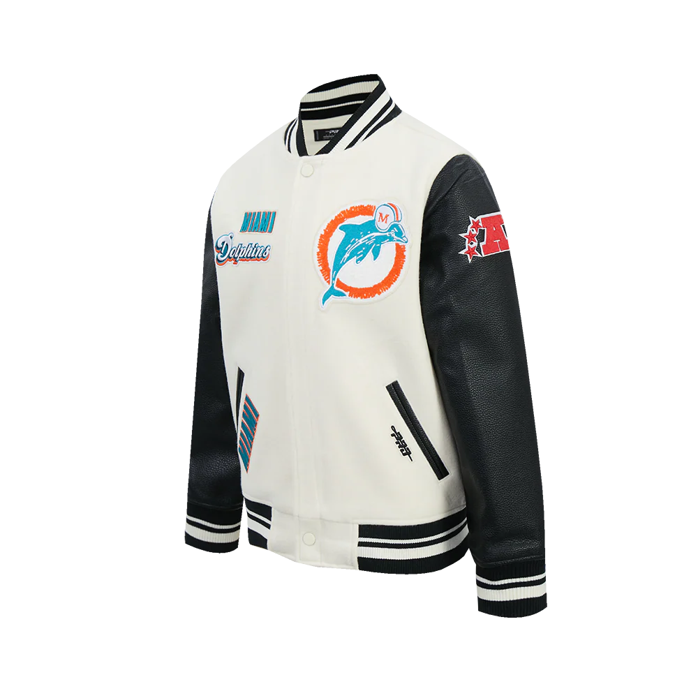 NFL MIAMI DOLPHINS RETRO CLASSICS BIG BOY'S RIB WOOL VARSITY JACKET (EGGSHELL/ BLACK) - Image 3