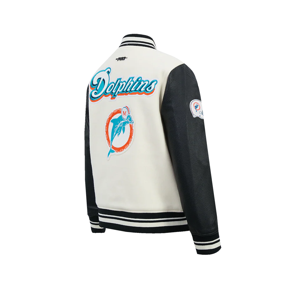 NFL MIAMI DOLPHINS RETRO CLASSICS BIG BOY'S RIB WOOL VARSITY JACKET (EGGSHELL/ BLACK) - Image 4