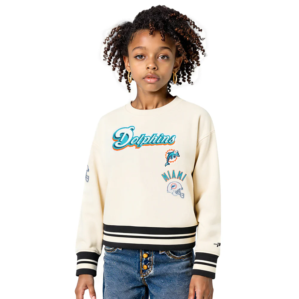 NFL MIAMI DOLPHINS RETRO CLASSICS BIG GIRL'S RIB FLEECE CREWNECK (EGGSHELL/ BLACK)