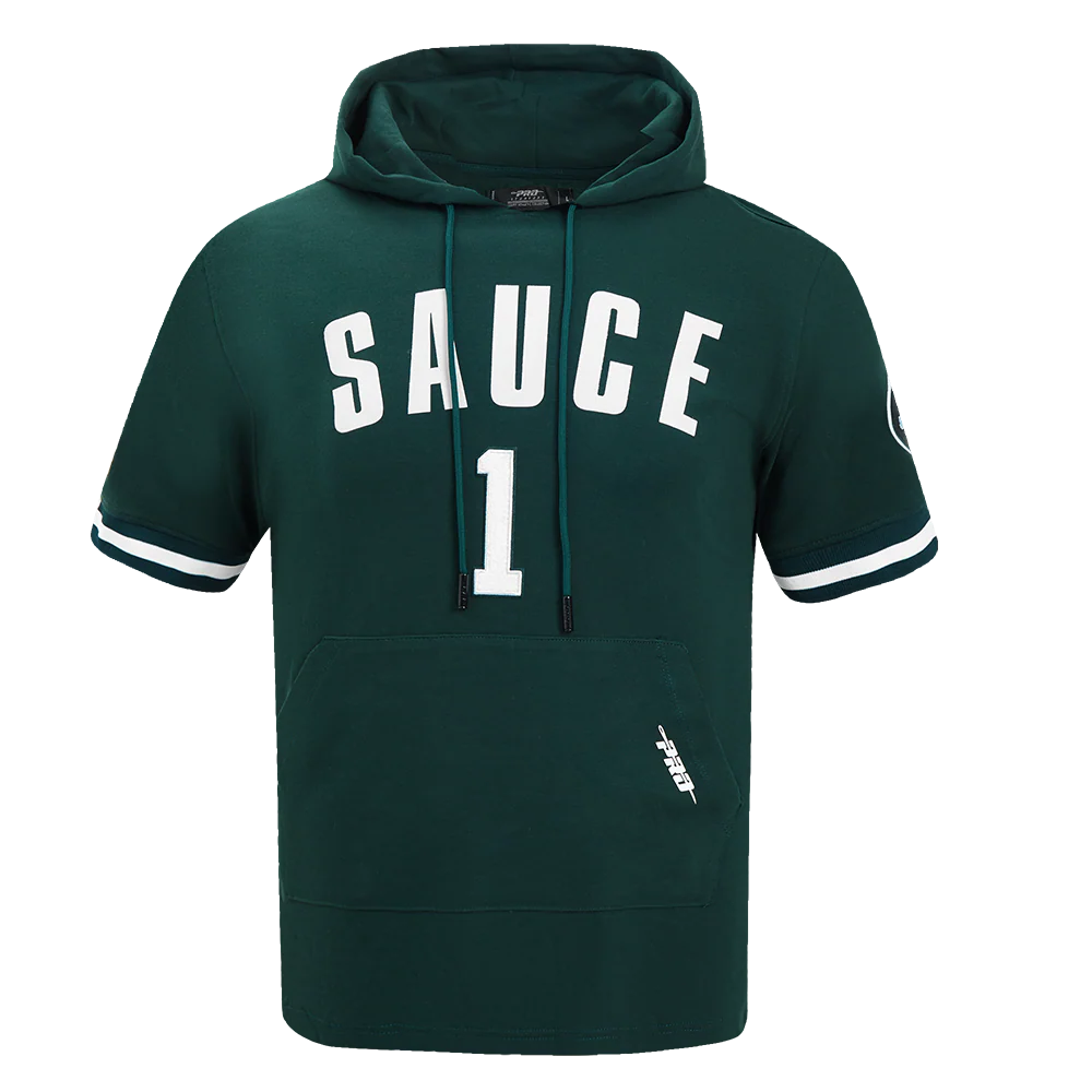 NFL NEW YORK JETS SAUCE GARDNER #1 CLASSIC MEN'S DOUBLE KNIT SHORT SLEEVE PULLOVER HOODIE (FOREST GREEN)