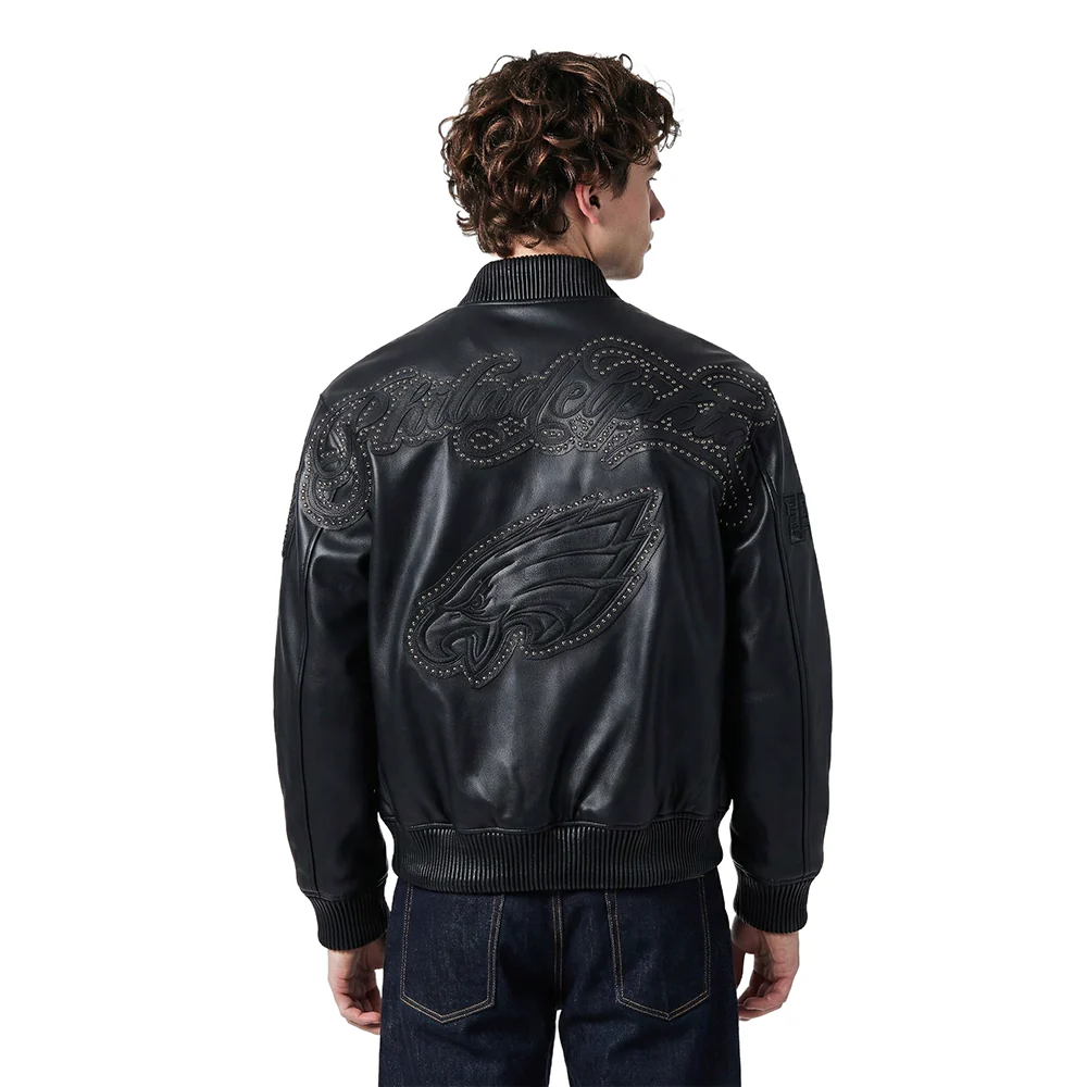 NFL PHILADELPHIA EAGLES BLACKOUT MEN'S LEATHER VARSITY JACKET (JET BLACK)