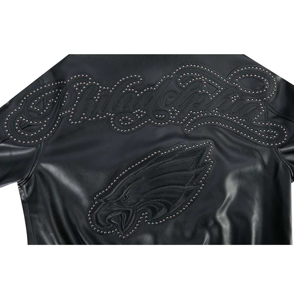 NFL PHILADELPHIA EAGLES BLACKOUT MEN'S LEATHER VARSITY JACKET (JET BLACK) - Image 5