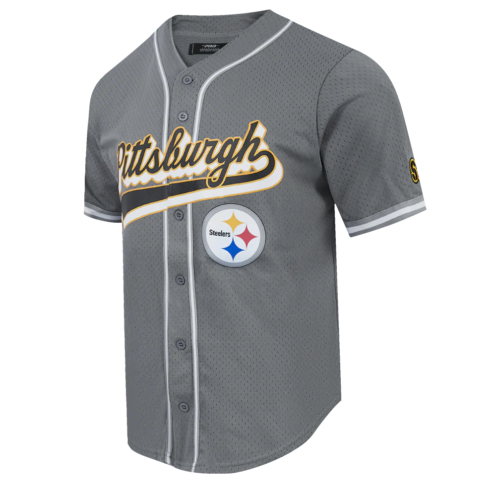 NFL PITTSBURGH STEELERS SCRIPT TAIL MEN'S MESH BUTTON DOWN SHIRT (GRAY) - Image 11