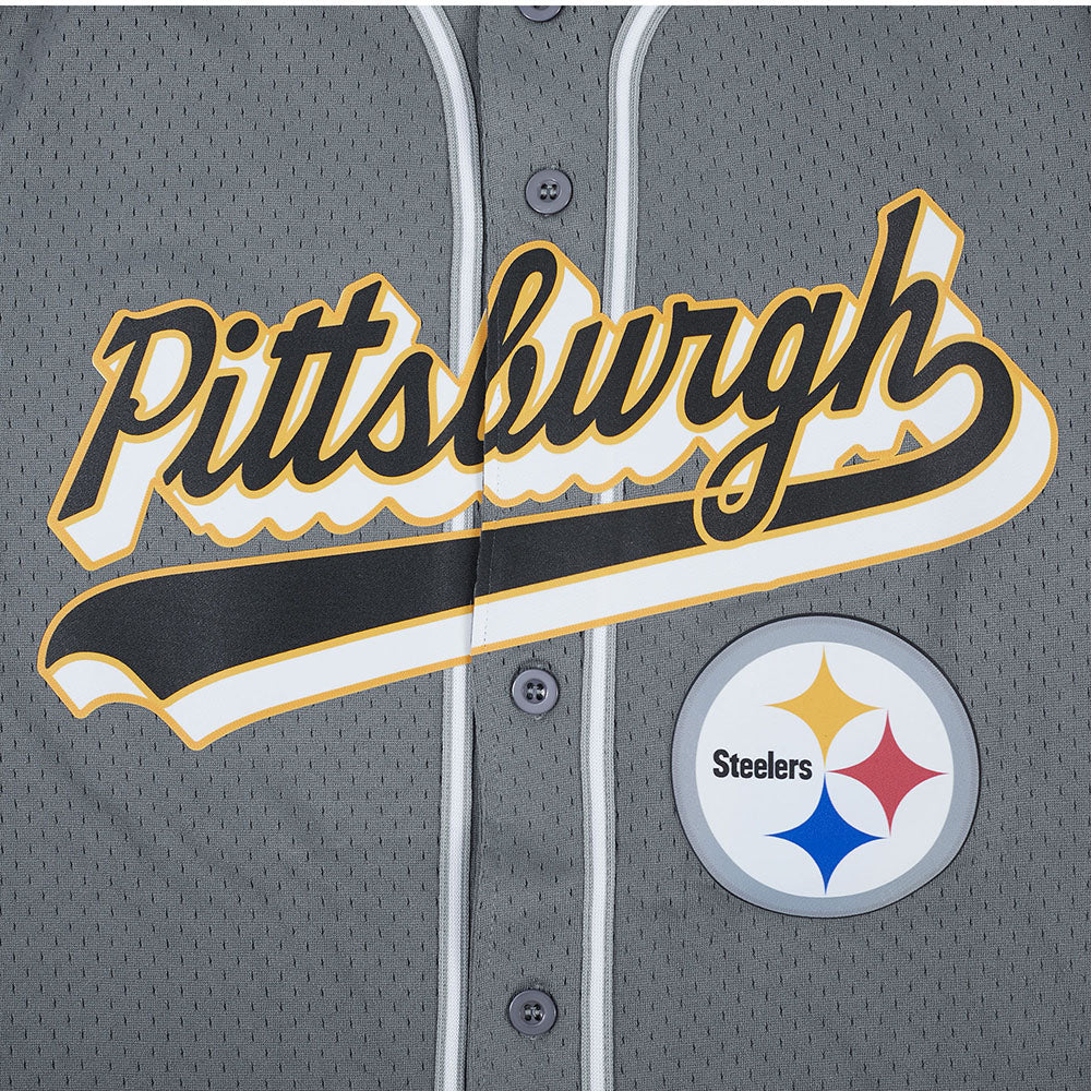 NFL PITTSBURGH STEELERS SCRIPT TAIL MEN'S MESH BUTTON DOWN SHIRT (GRAY) - Image 6