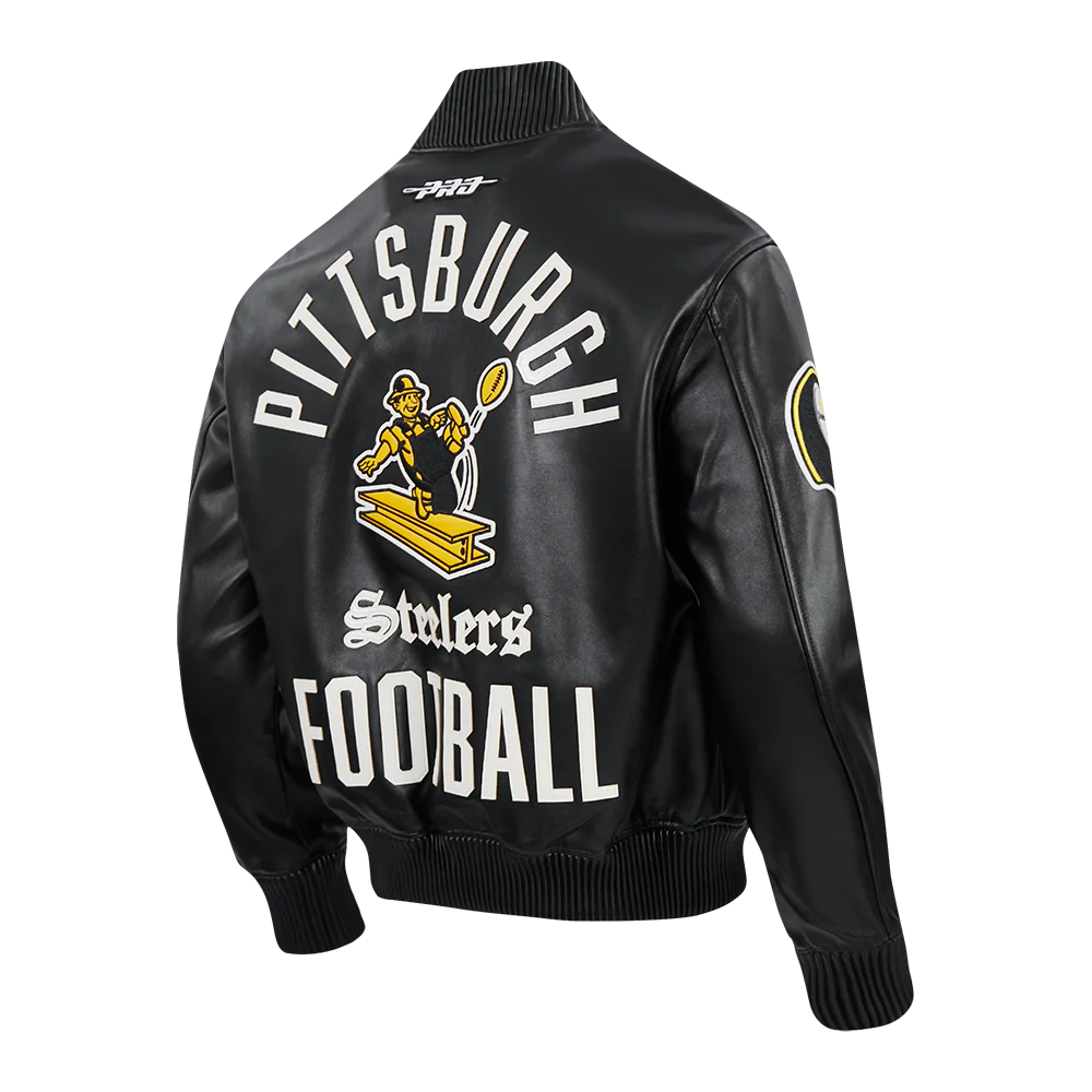 NFL PITTSBURGH STEELERS MODERN ORIGINALS MEN'S LEATHER VARSITY JACKET (JET BLACK) - Image 4