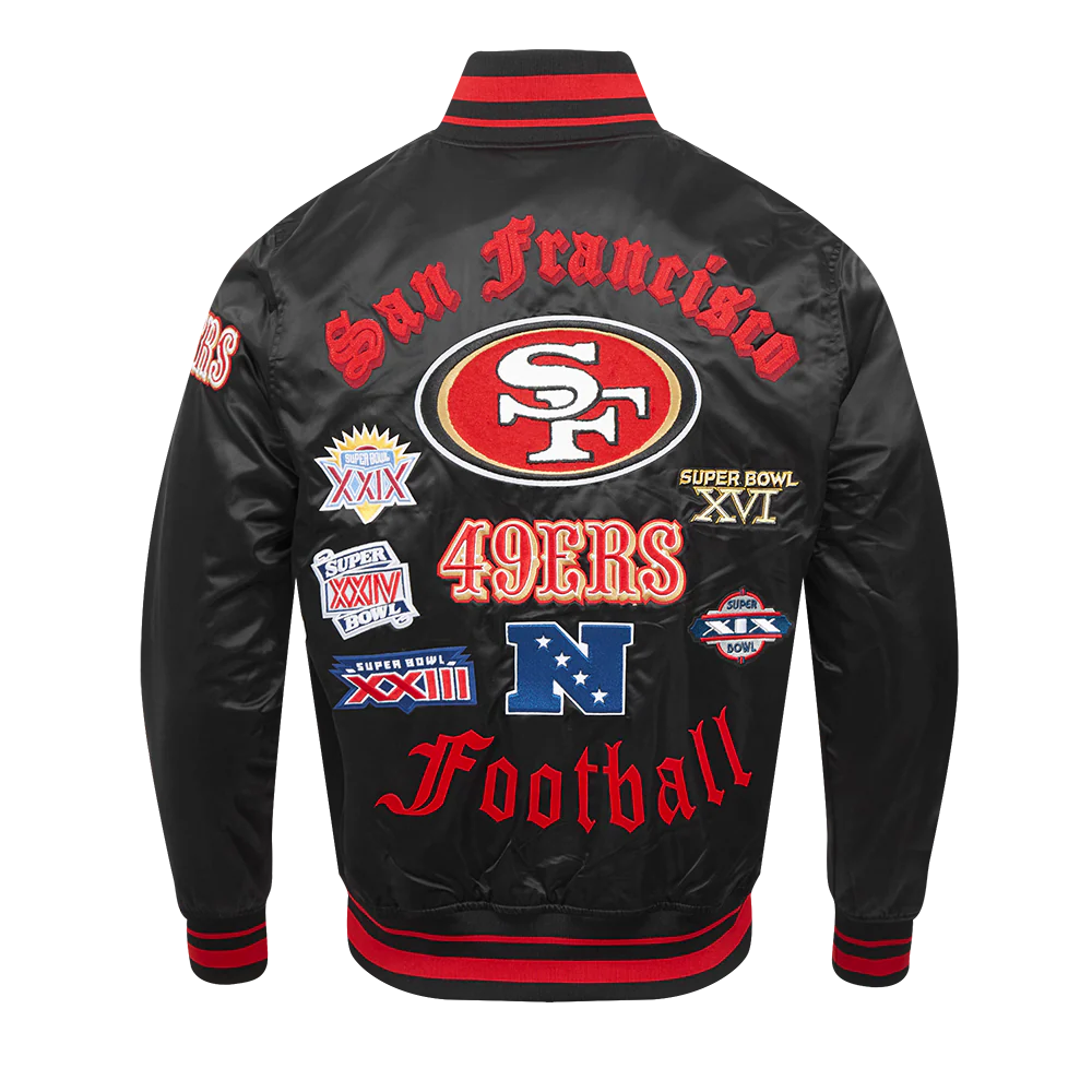 NFL SAN FRANCISCO 49ERS OLD ENGLISH MEN'S RIB SATIN JACKET (BLACK/RED/BLACK) - Image 3