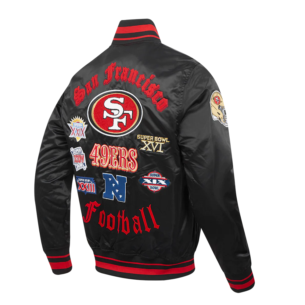 NFL SAN FRANCISCO 49ERS OLD ENGLISH MEN'S RIB SATIN JACKET (BLACK/RED/BLACK) - Image 4