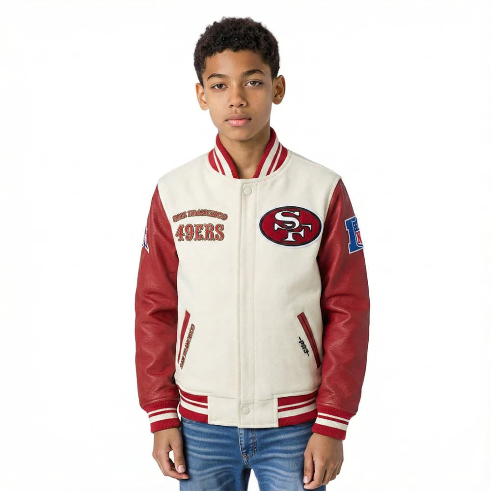 NFL SAN FRANCISCO 49ERS RETRO CLASSICS LITTLE BOY'S RIB WOOL VARSITY JACKE (EGGSHELL/ RED)