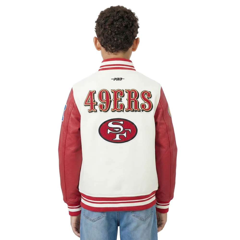NFL SAN FRANCISCO 49ERS RETRO CLASSICS LITTLE BOY'S RIB WOOL VARSITY JACKE (EGGSHELL/ RED) - Image 2