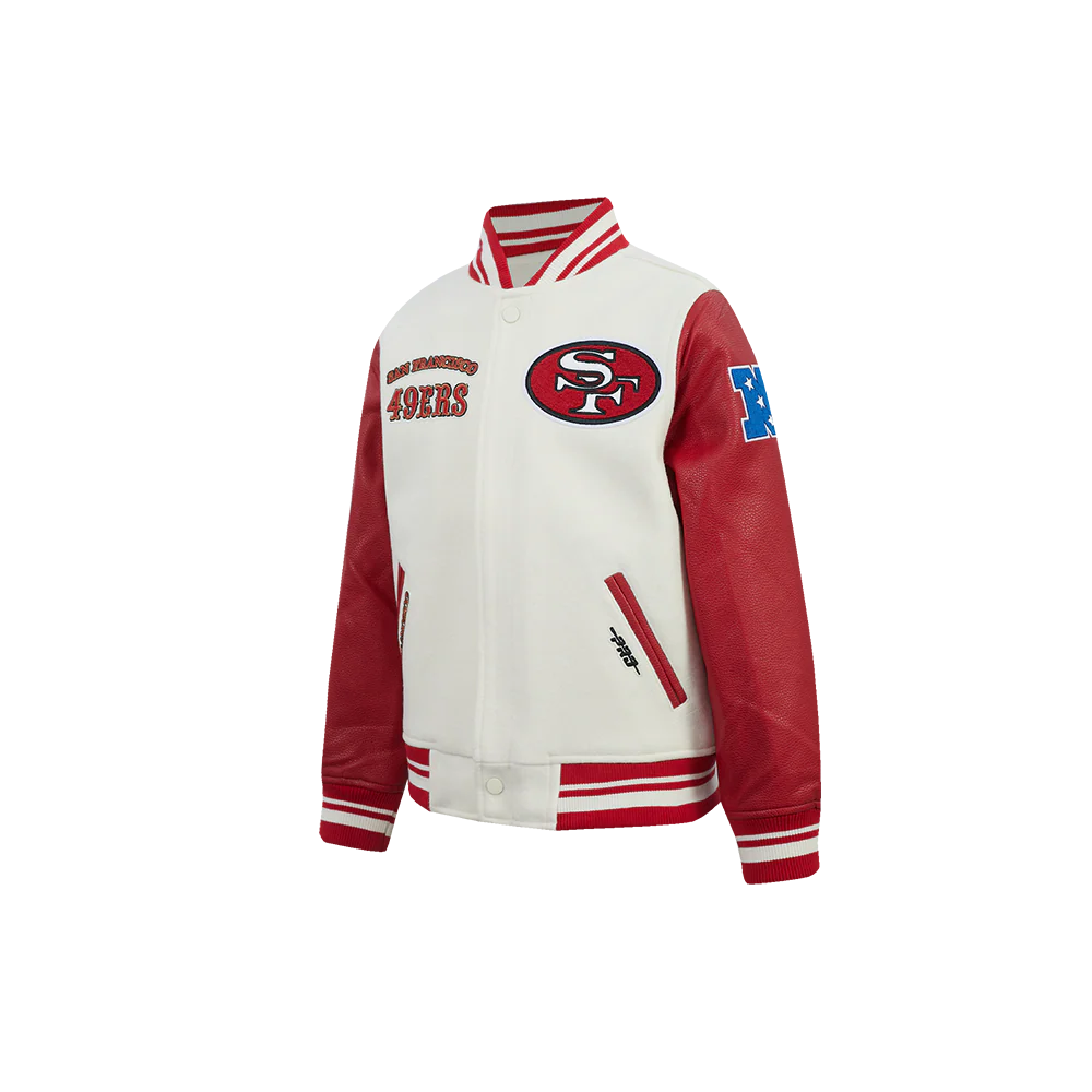NFL SAN FRANCISCO 49ERS RETRO CLASSICS LITTLE BOY'S RIB WOOL VARSITY JACKE (EGGSHELL/ RED) - Image 3