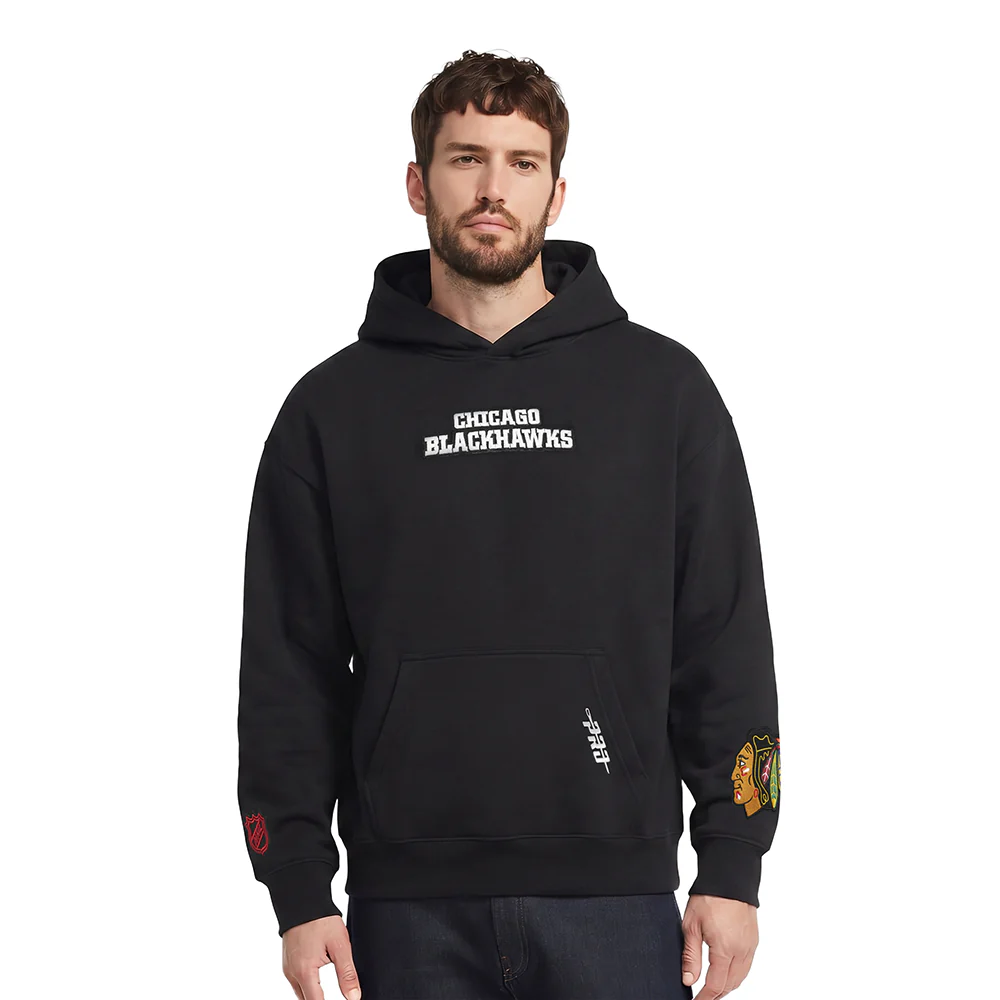NHL CHICAGO BLACKHAWKS WINGSPAN MEN'S DROP SHOULDER FLEECE PULLOVER HOODIE (BLACK) - Image 2