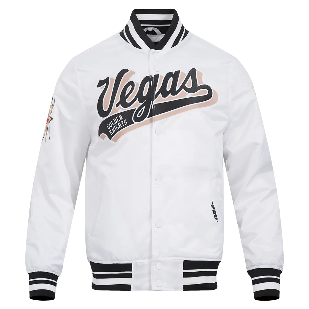 NHL VEGAS GOLDEN KNIGHTS SCRIPT TAIL MEN'S SATIN JACKET (WHITE/BLACK)