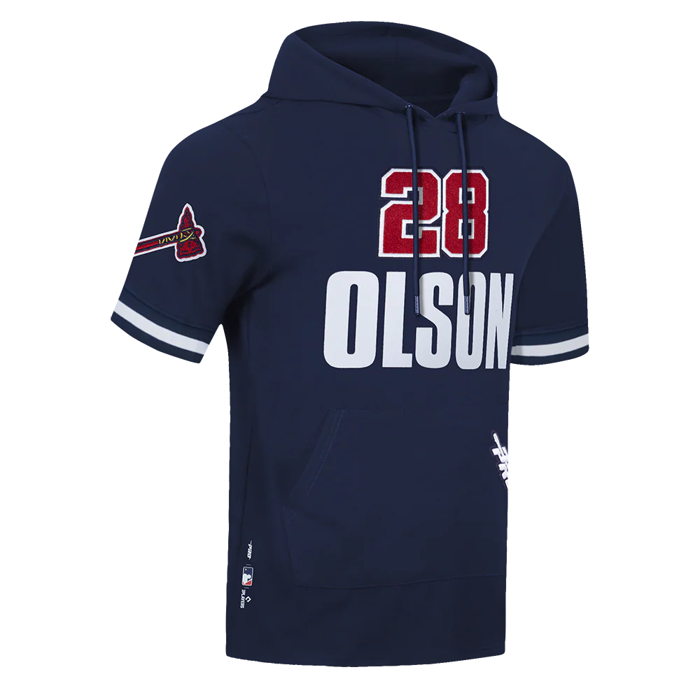 MLB ATLANTA BRAVES MATT OLSON #28 CLASSIC MEN'S SHORT SLEEVE PULLOVER HOODIE (MIDNIGHT NAVY) - Image 4