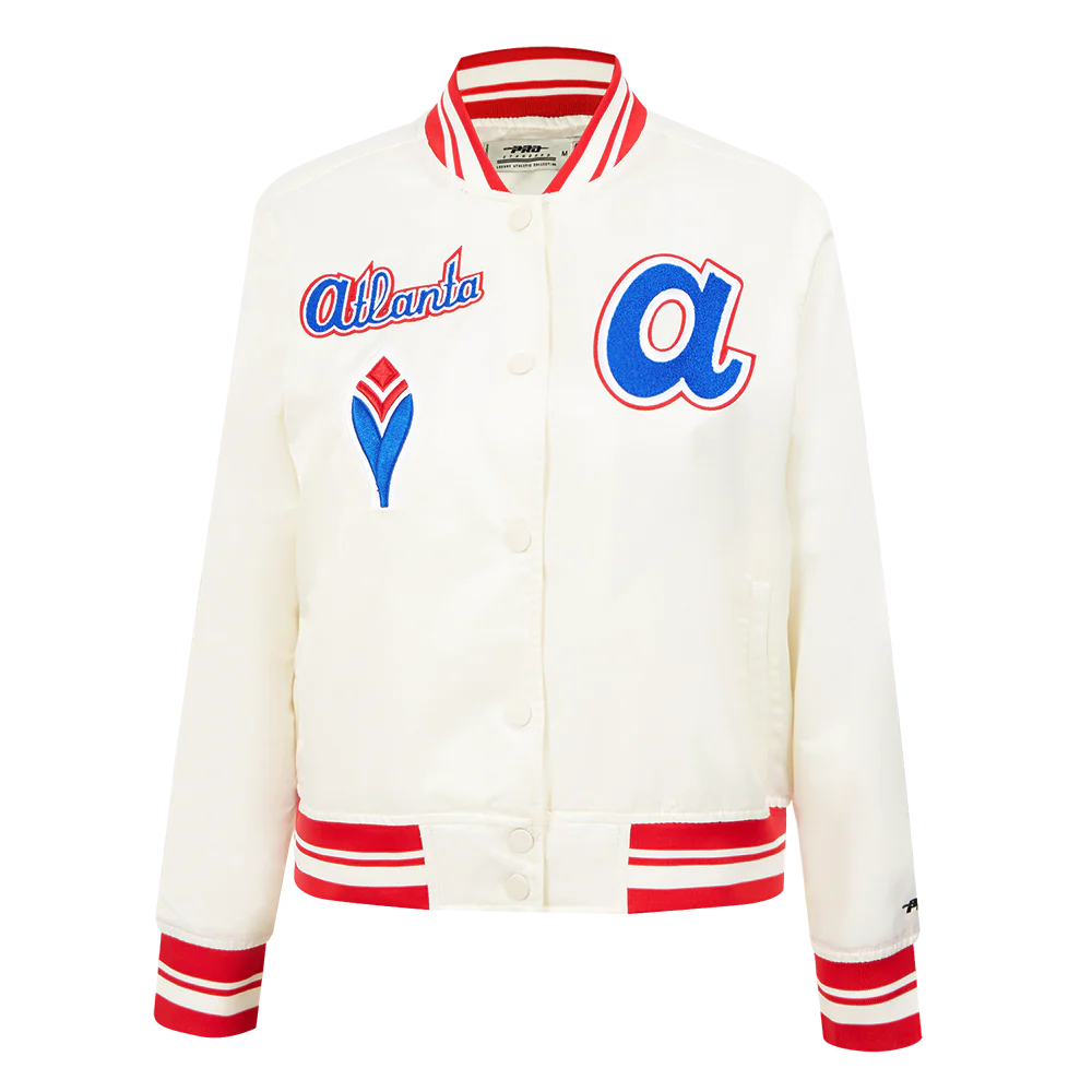 MLB ATLANTA BRAVES RETRO CLASSIC WOMEN'S RIB SATIN JACKET (EGGSHELL/ RED)