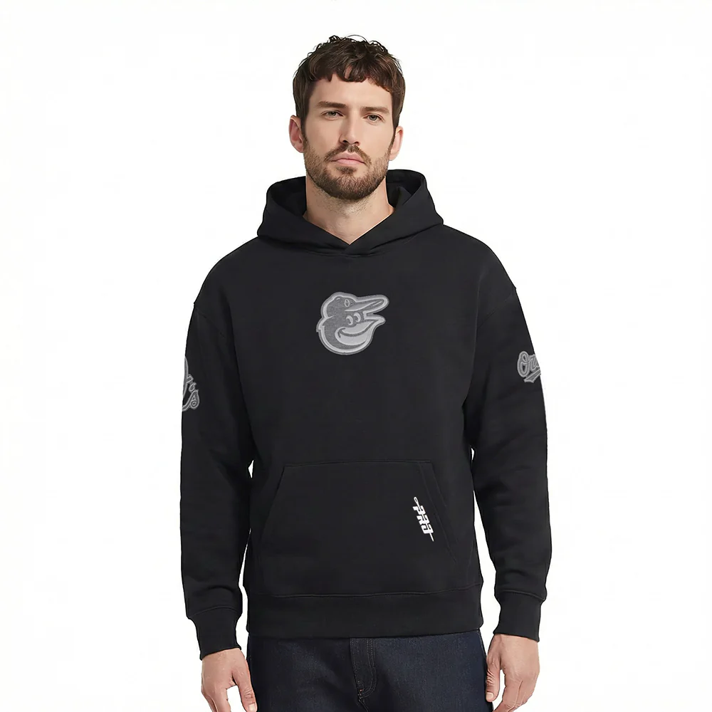 MLB BALTIMORE ORIOLES REVERSE FRENCH TERRY MEN'S DROP SHOULDER FLEECE PULLOVER HOODIE (BLACK)