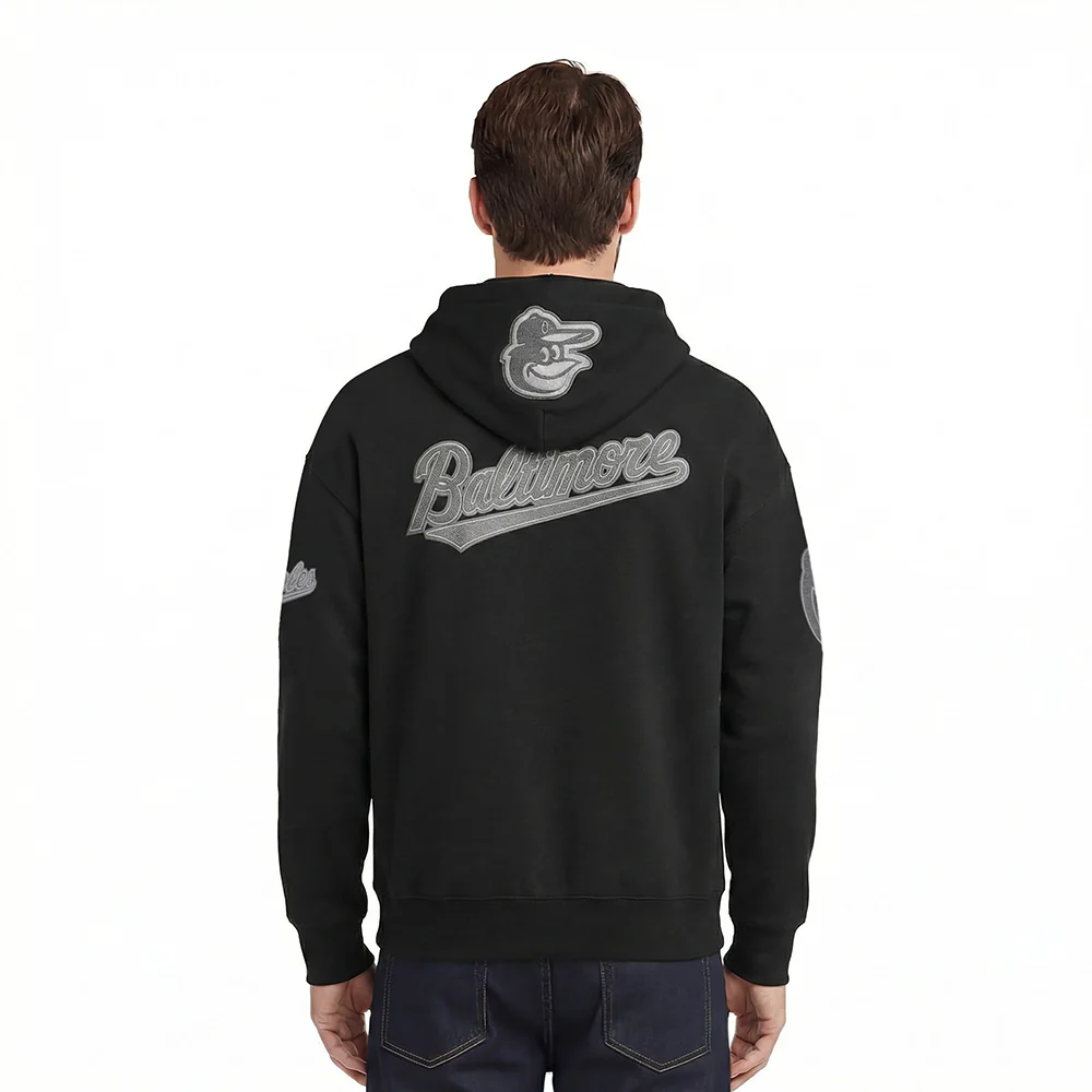 MLB BALTIMORE ORIOLES REVERSE FRENCH TERRY MEN'S DROP SHOULDER FLEECE PULLOVER HOODIE (BLACK) - Image 2