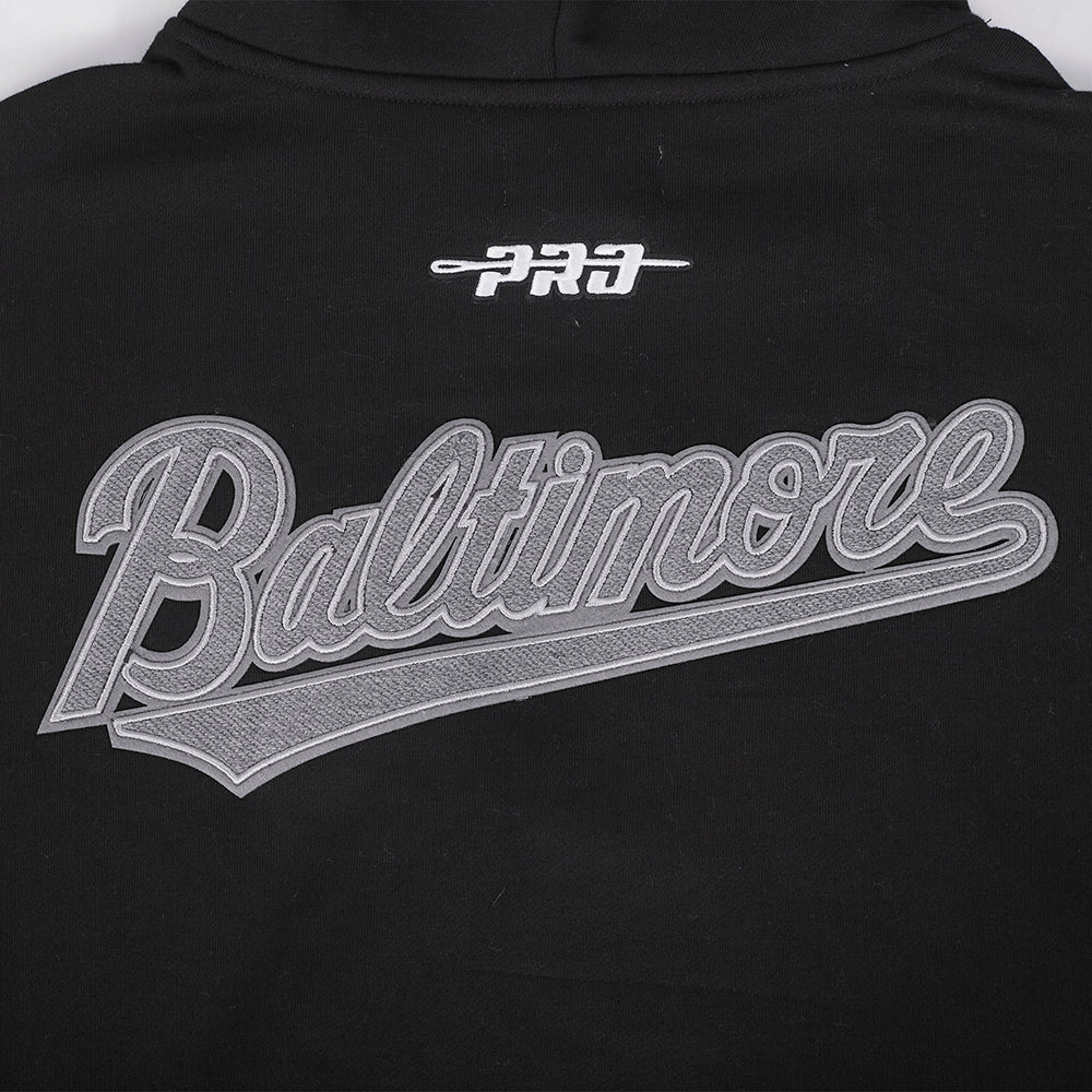 MLB BALTIMORE ORIOLES REVERSE FRENCH TERRY MEN'S DROP SHOULDER FLEECE PULLOVER HOODIE (BLACK) - Image 9