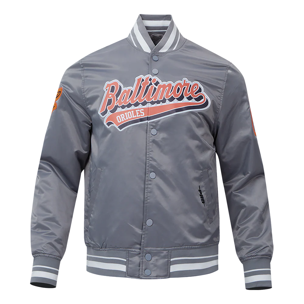 MLB BALTIMORE ORIOLES SCRIPT TAIL MEN'S SATIN JACKET (GRAY)