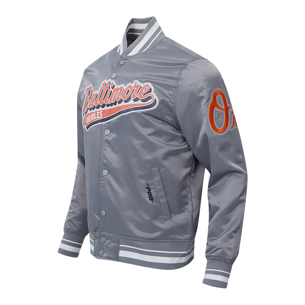 MLB BALTIMORE ORIOLES SCRIPT TAIL MEN'S SATIN JACKET (GRAY) - Image 2