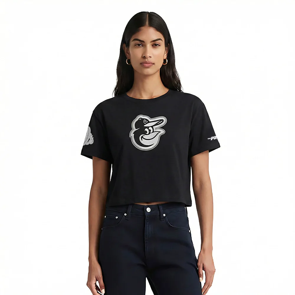 MLB BALTIMORE ORIOLES REVERSE FRENCH TERRY WOMEN'S SINGLE JERSEY BOXY TOP (BLACK)