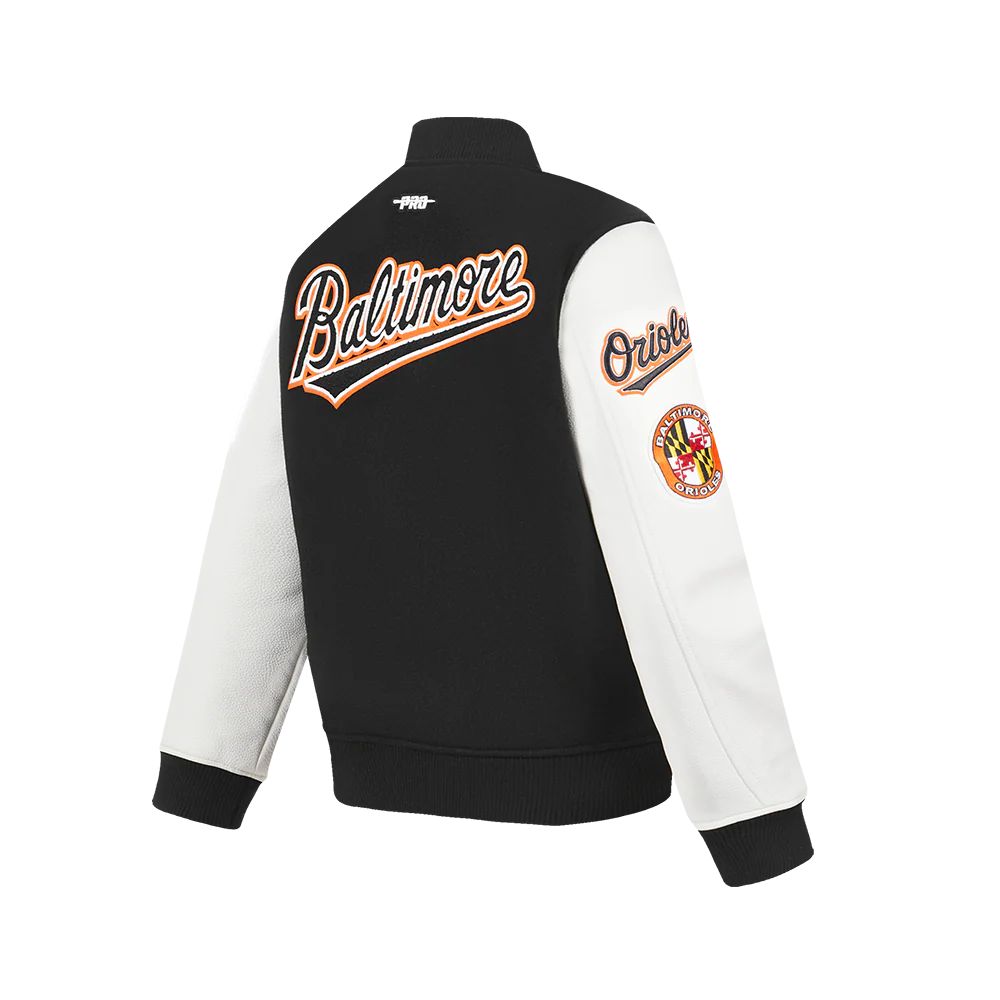 MLB BALTIMORE ORIOLES CLASSIC BIG BOYS WOOL VARSITY JACKET (BLACK/WHITE) - Image 4