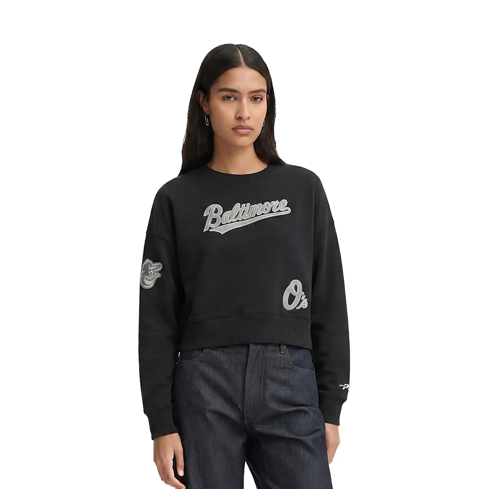 MLB BALTIMORE ORIOLES REVERSE FRENCH TERRY WOMEN'S FLEECE CREWNECK (BLACK)