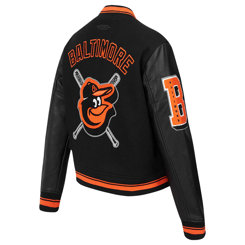 MLB BALTIMORE ORIOLES MASHUP WOMEN'S RIB WOOL VARSITY JACKET (BLACK/ORANGE) - Image 4