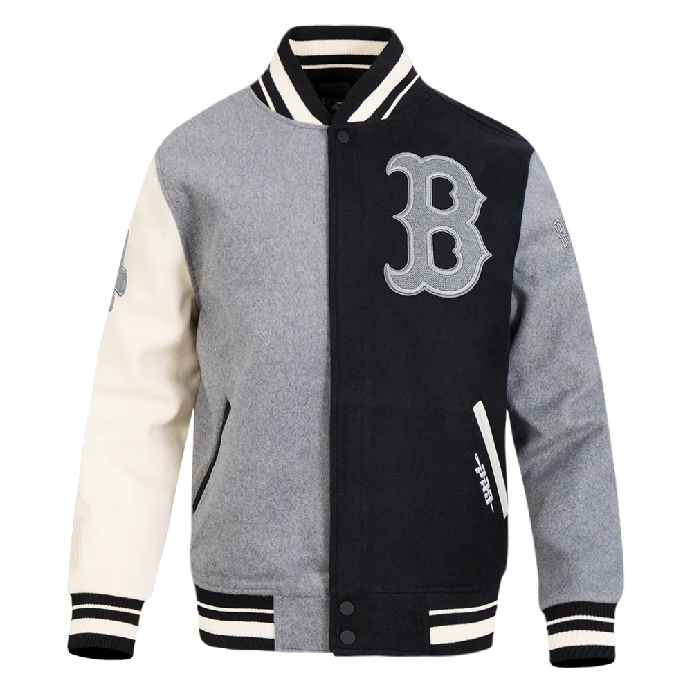MLB BOSTON RED SOX REVERSE FRENCH TERRY MEN'S COLOR BLOCK WOOL VARSITY JACKET (BLACK/GRAY/EGGSHELL) - Image 3