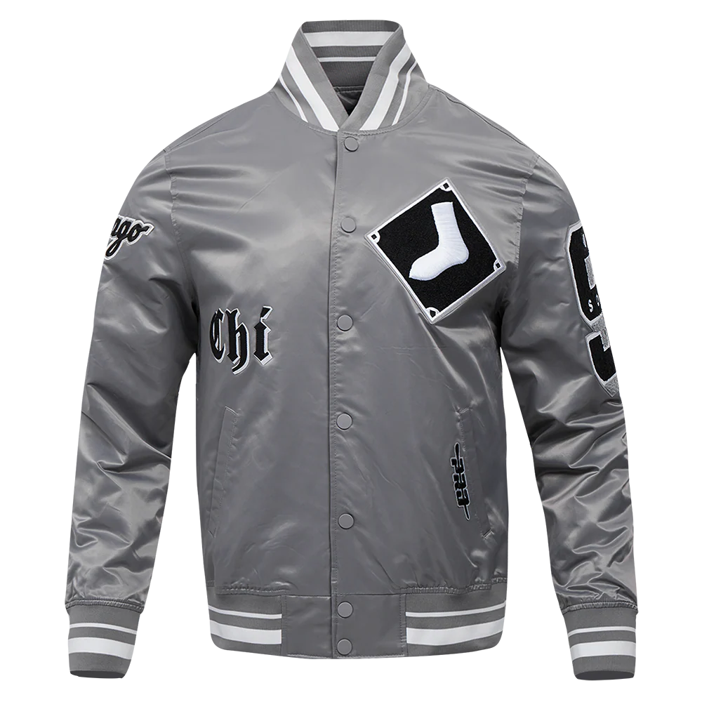 MLB CHICAGO WHITE SOX OLD ENGLISH MEN'S RIB SATIN JACKET (GRAY)