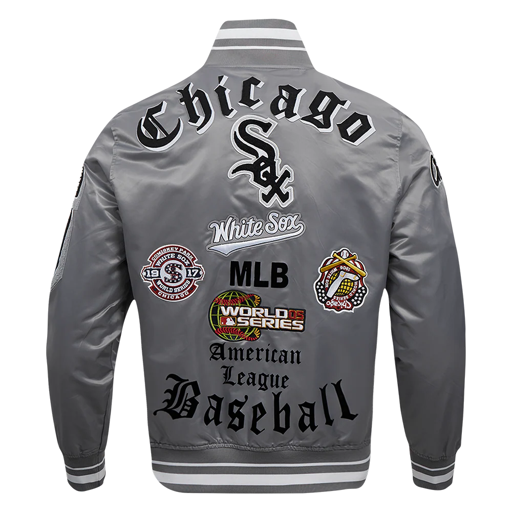 MLB CHICAGO WHITE SOX OLD ENGLISH MEN'S RIB SATIN JACKET (GRAY) - Image 3