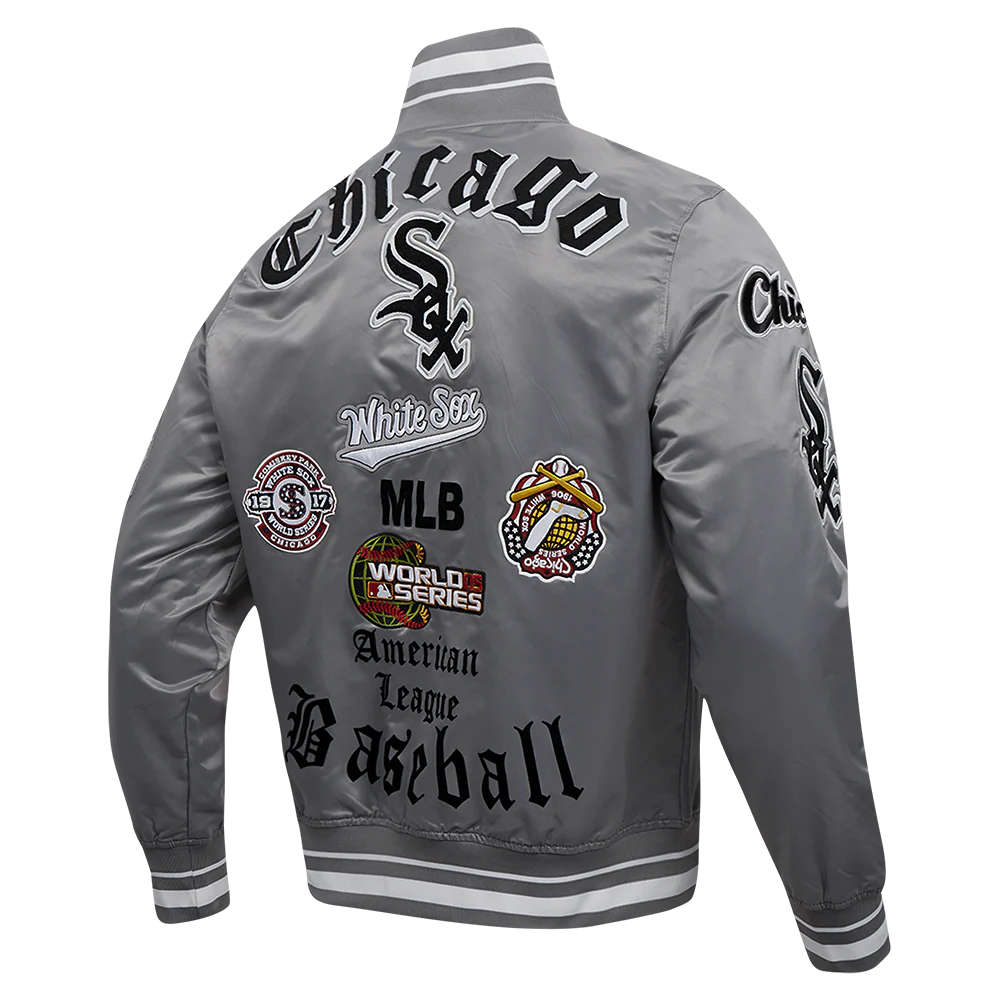 MLB CHICAGO WHITE SOX OLD ENGLISH MEN'S RIB SATIN JACKET (GRAY) - Image 4