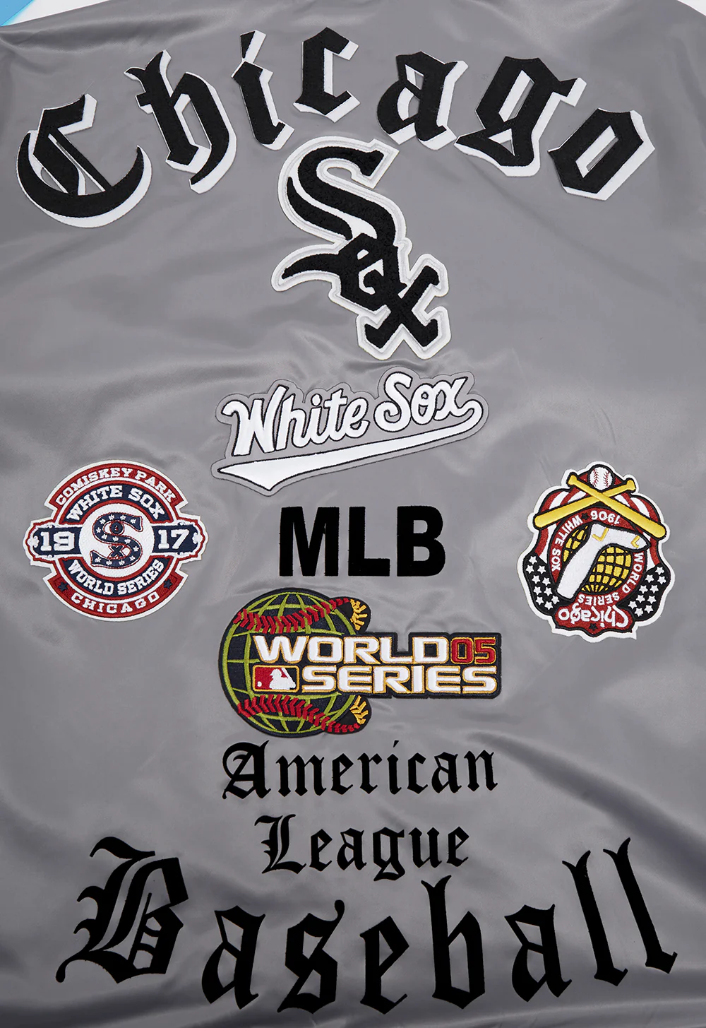 MLB CHICAGO WHITE SOX OLD ENGLISH MEN'S RIB SATIN JACKET (GRAY) - Image 5