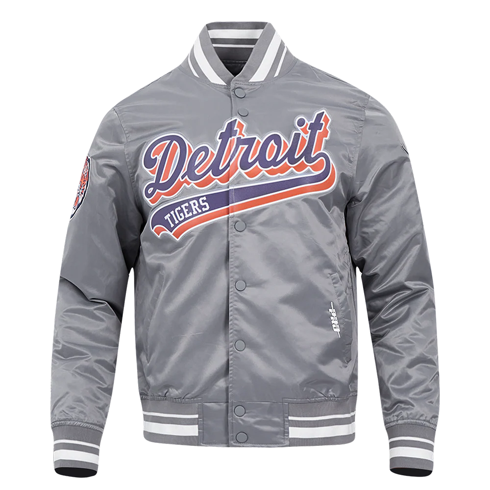 MLB DETROIT TIGERS SCRIPT TAIL MEN'S SATIN JACKET (GRAY)