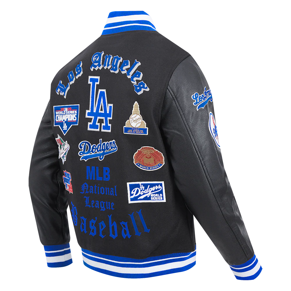 MLB LOS ANGELES DODGERS OLD ENGLISH MEN'S RIB WOOL VARSITY JACKET (BLACK/DODGER BLUE) - Image 4