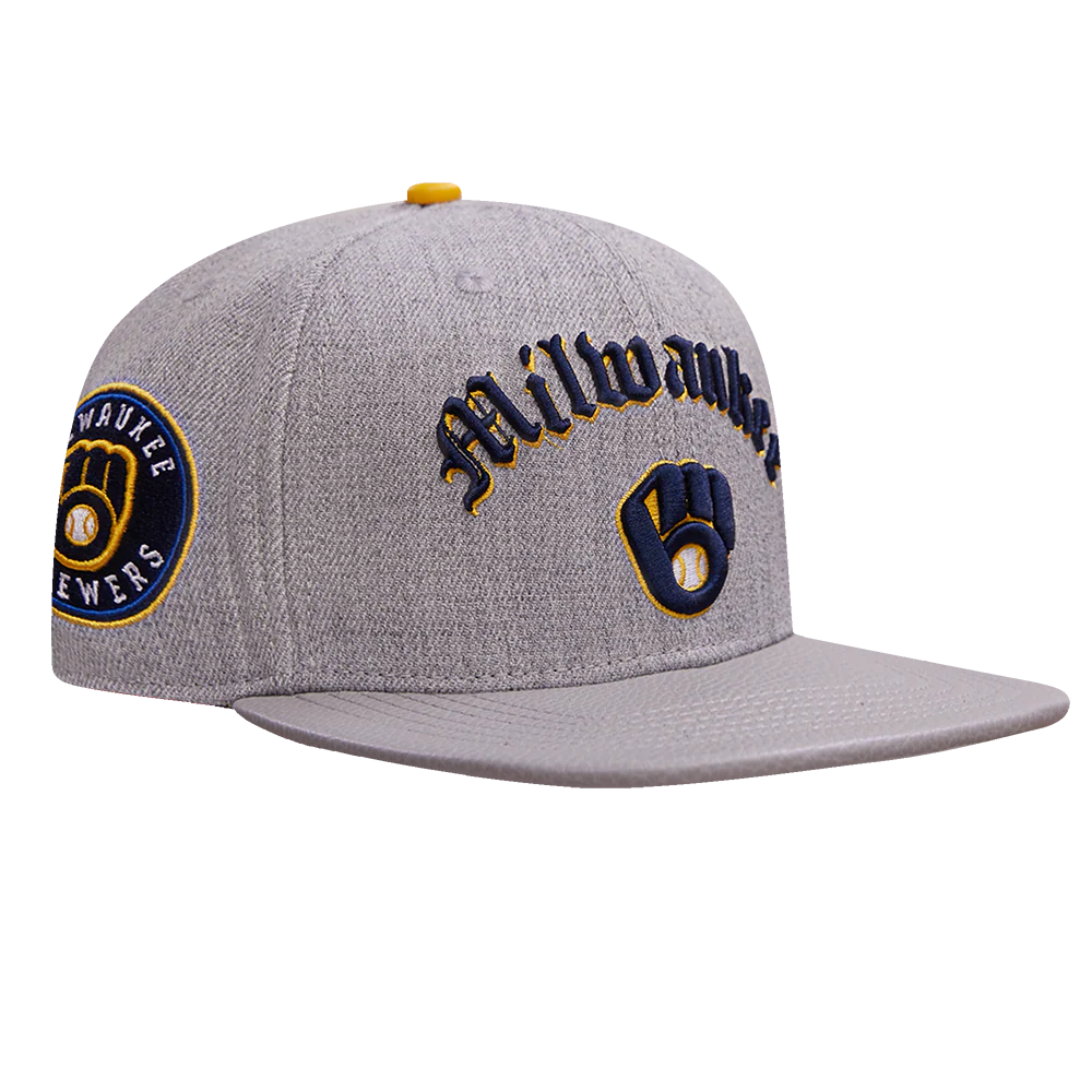 MLB MILWAUKEE BREWERS OLD ENGLISH UNISEX 6 PANEL LEATHER STRAPBACK (HEATHER GREY) - Image 2