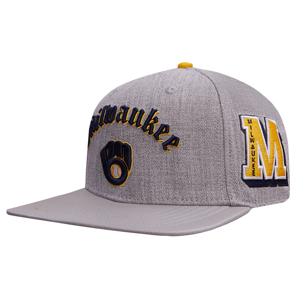 MLB MILWAUKEE BREWERS OLD ENGLISH UNISEX 6 PANEL LEATHER STRAPBACK (HEATHER GREY) - Image 3