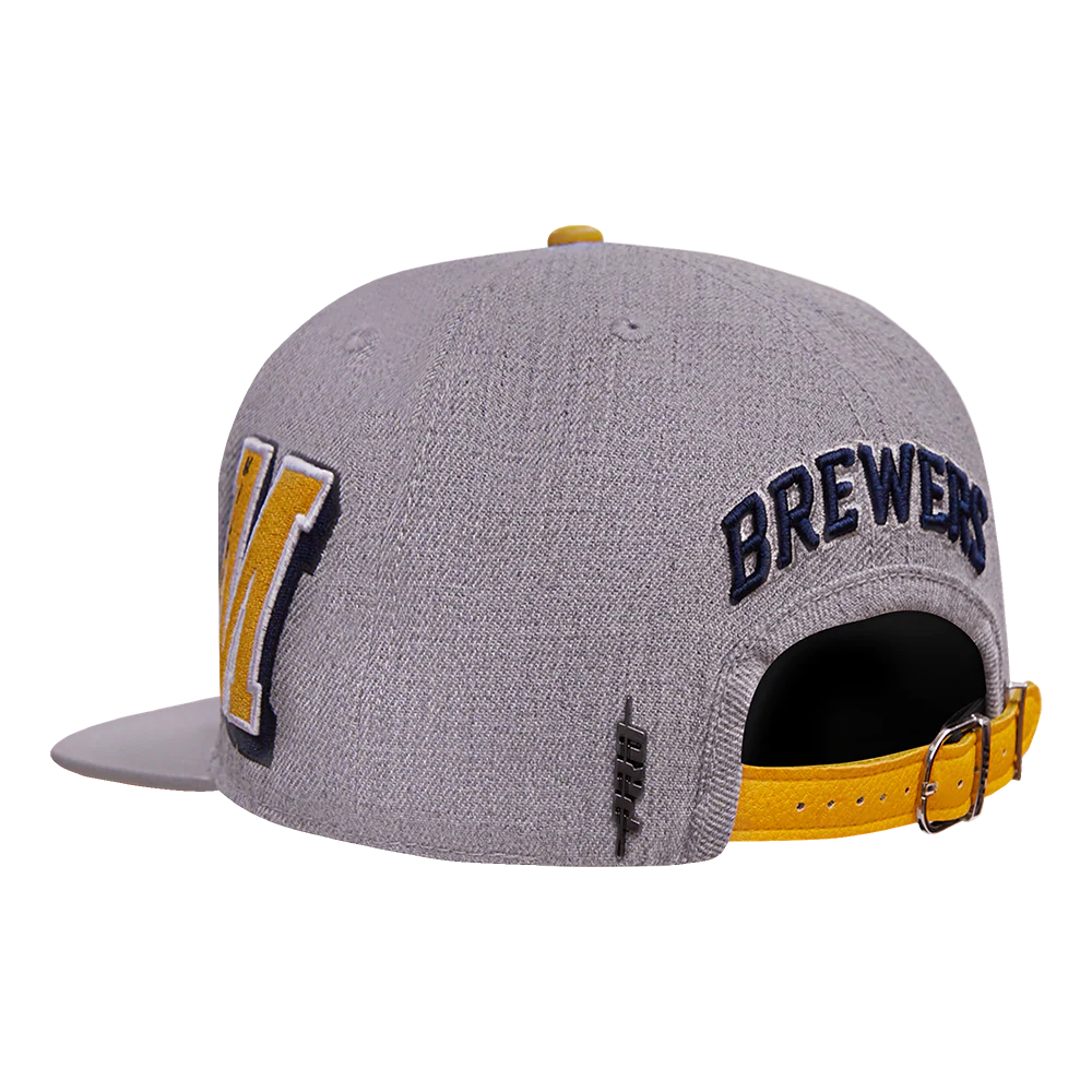 MLB MILWAUKEE BREWERS OLD ENGLISH UNISEX 6 PANEL LEATHER STRAPBACK (HEATHER GREY) - Image 4