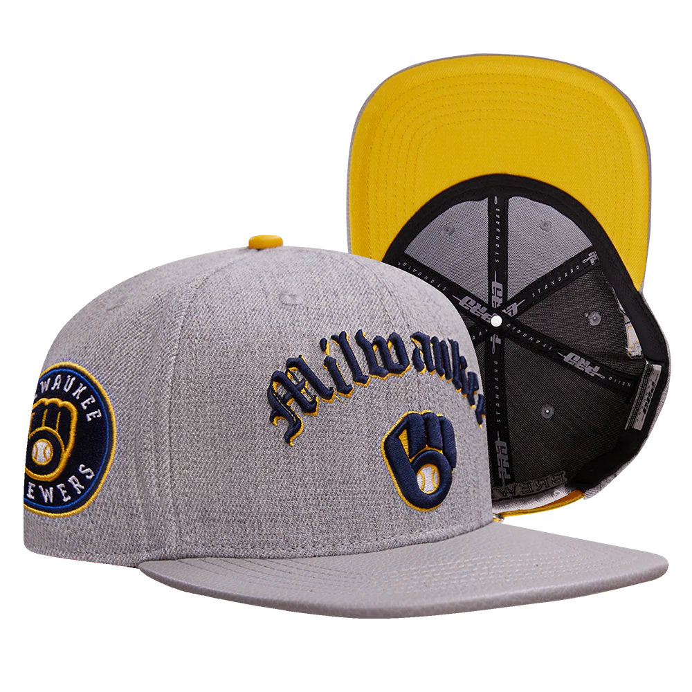 MLB MILWAUKEE BREWERS OLD ENGLISH UNISEX 6 PANEL LEATHER STRAPBACK (HEATHER GREY) - Image 8