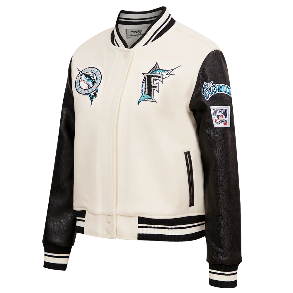 MLB FLORIDA MARLINS RETRO CLASSIC WOMEN'S RIB WOOL VARSITY JACKET (EGGSHELL/ BLACK) - Image 2