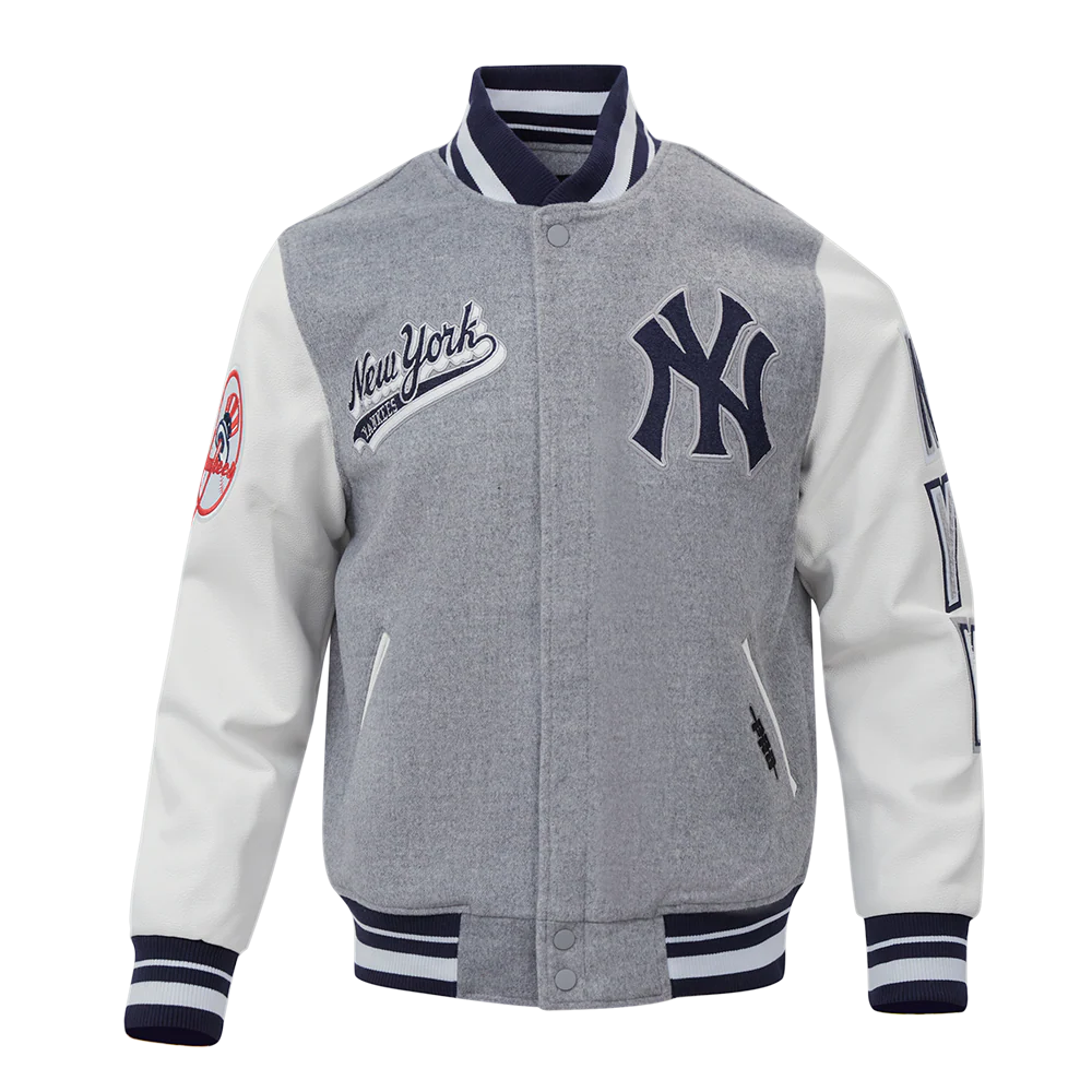 MLB NEW YORK YANKEES SCRIPT TAIL MEN'S RIB WOOL VARSITY JACKET (HEATHER GREY/WHITE/MIDNIGHT NAVY)
