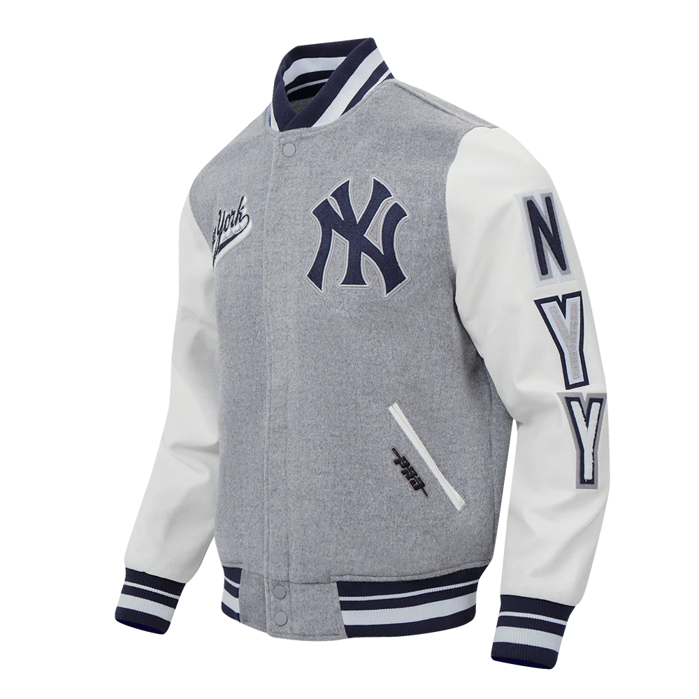 MLB NEW YORK YANKEES SCRIPT TAIL MEN'S RIB WOOL VARSITY JACKET (HEATHER GREY/WHITE/MIDNIGHT NAVY) - Image 2