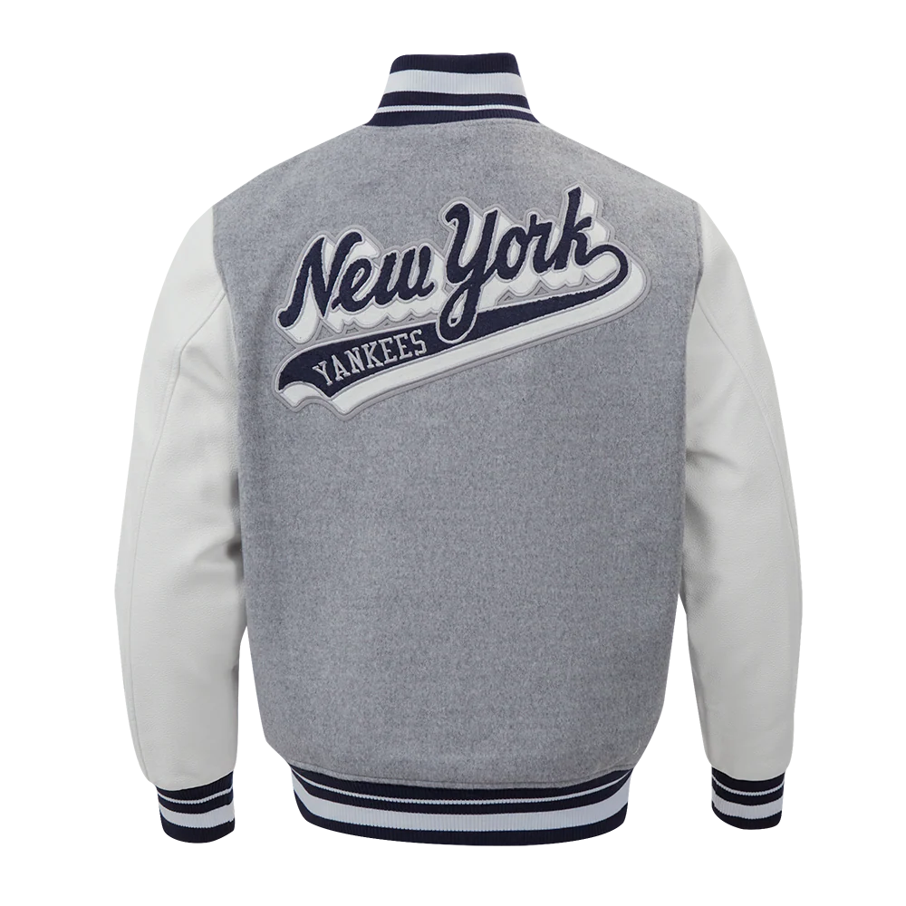 MLB NEW YORK YANKEES SCRIPT TAIL MEN'S RIB WOOL VARSITY JACKET (HEATHER GREY/WHITE/MIDNIGHT NAVY) - Image 3