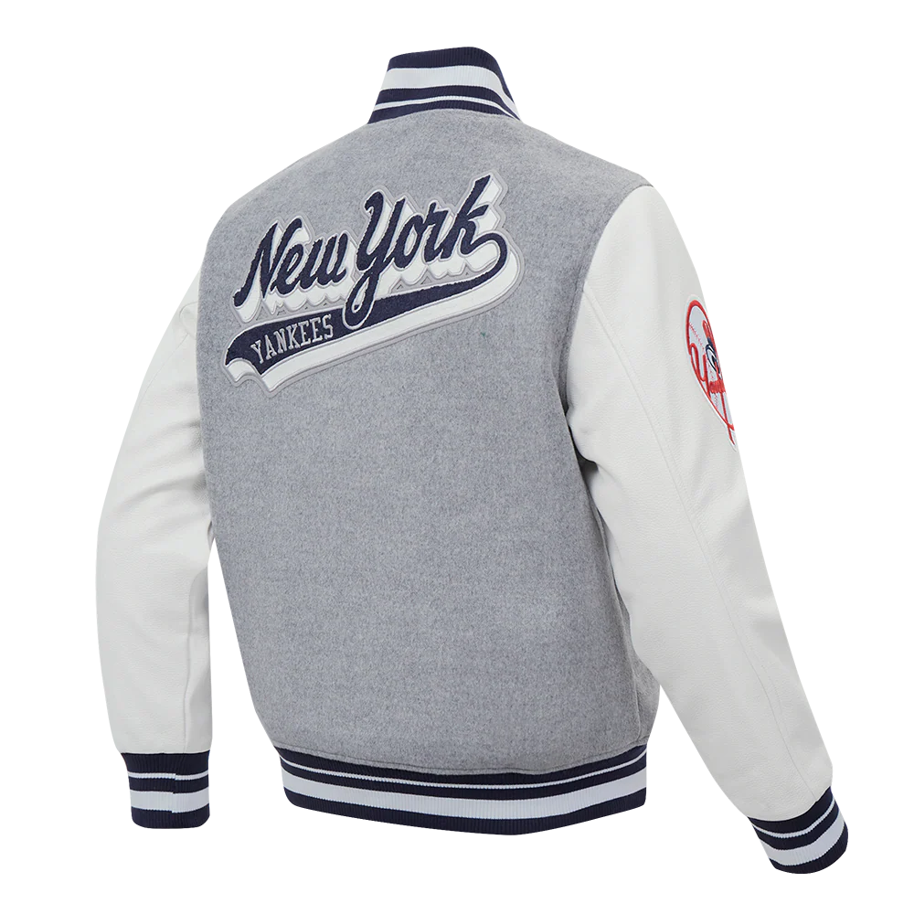 MLB NEW YORK YANKEES SCRIPT TAIL MEN'S RIB WOOL VARSITY JACKET (HEATHER GREY/WHITE/MIDNIGHT NAVY) - Image 4