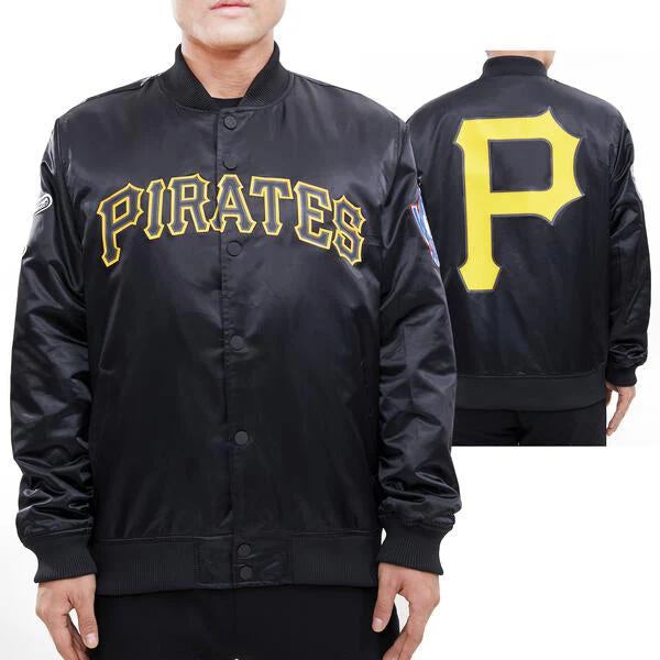 MLB PITTSBURGH PIRATES BIG LOGO WORLD SERIES MEN'S SATIN JACKET (BLACK) - Image 2